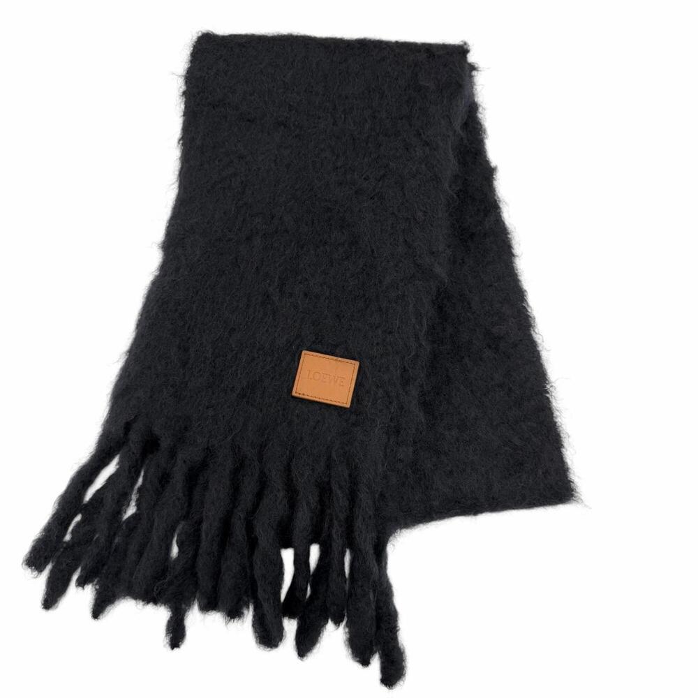 LOEWE Mohair Wool Logo Leather Patch Fringe Stole Scarf, Dark Navy, Made in S...